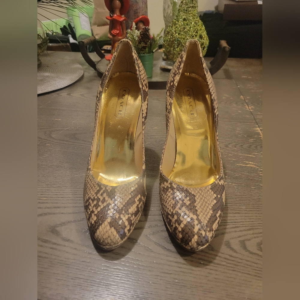 Coach Brown Snake-Print Leather High Heels